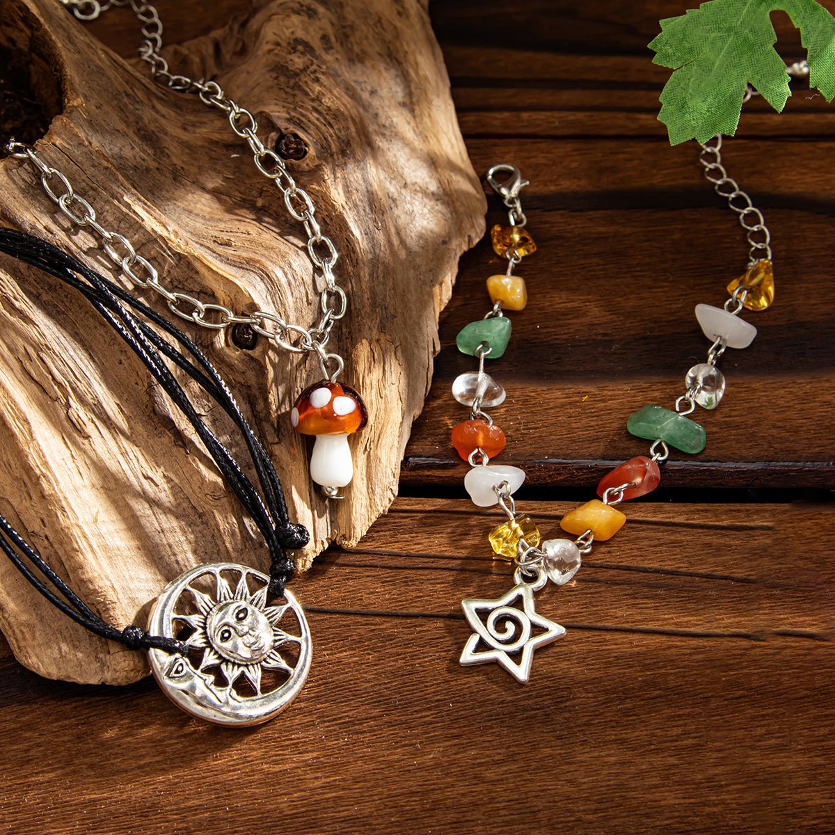 Boho 3pcs Mushroom Sun Moon Star Charm Turquoise Stone Bracelet Set - ArtGalleryZen