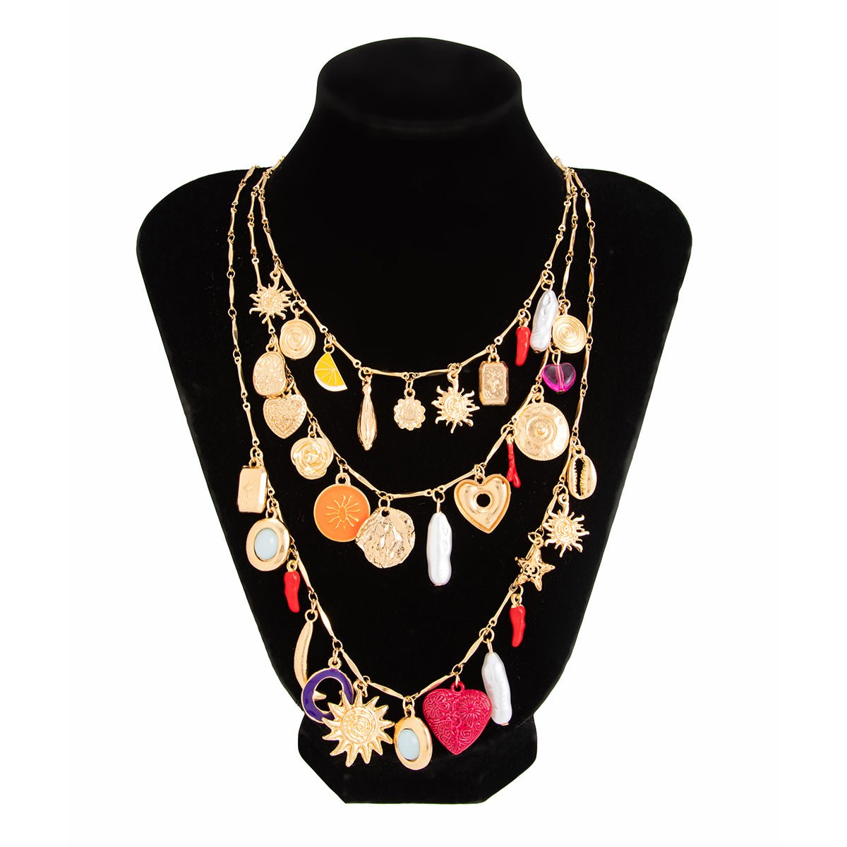 Boho 3pcs Pearl Enamel Heart Chili Sun Flower Pendant Necklace Set - ArtGalleryZen