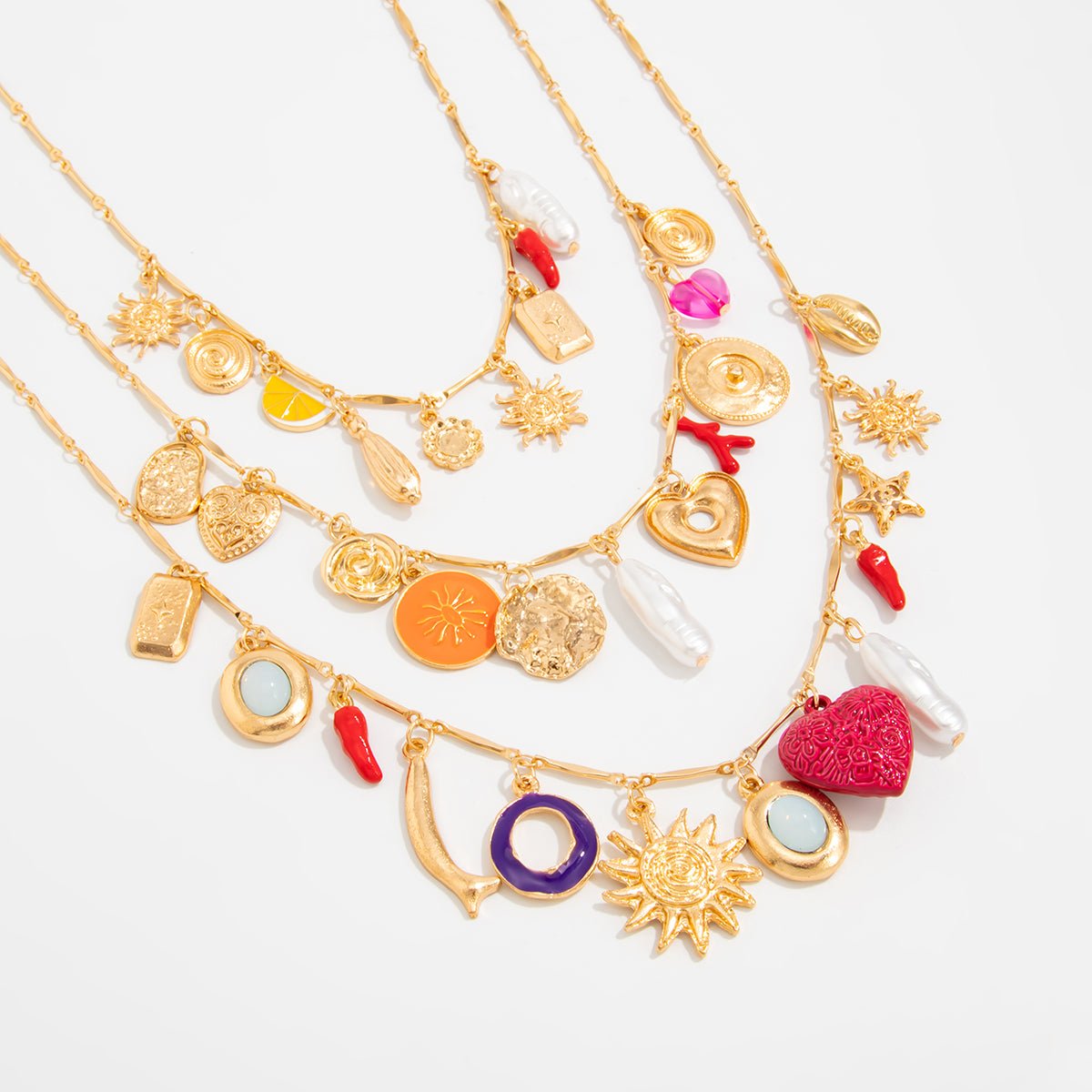 Boho 3pcs Pearl Enamel Heart Chili Sun Flower Pendant Necklace Set - ArtGalleryZen