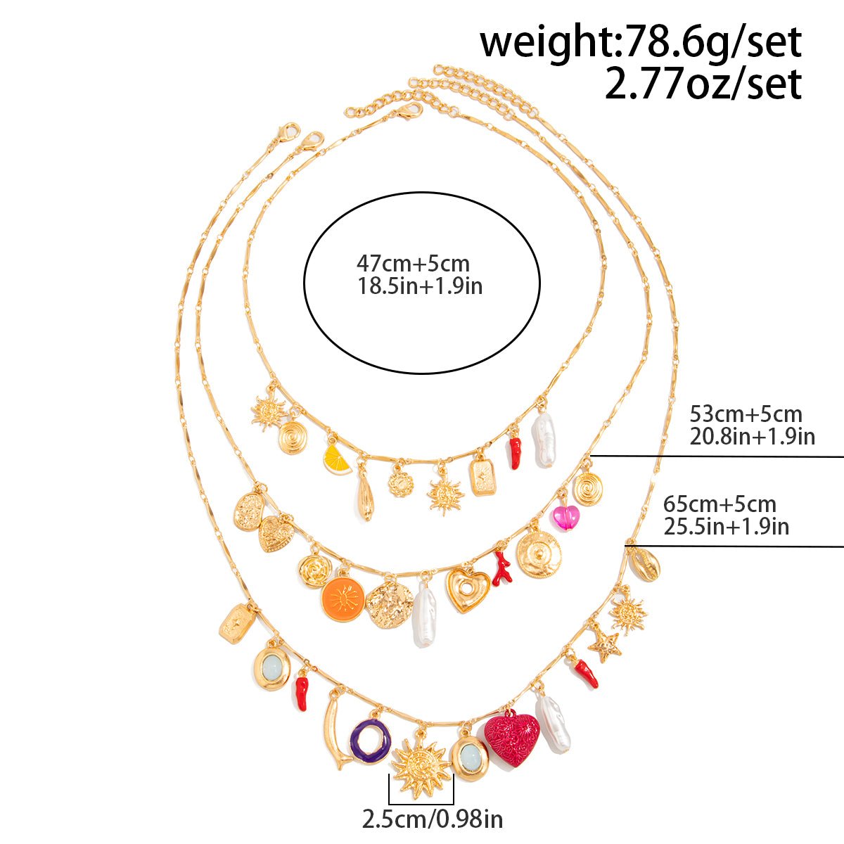 Boho 3pcs Pearl Enamel Heart Chili Sun Flower Pendant Necklace Set - ArtGalleryZen