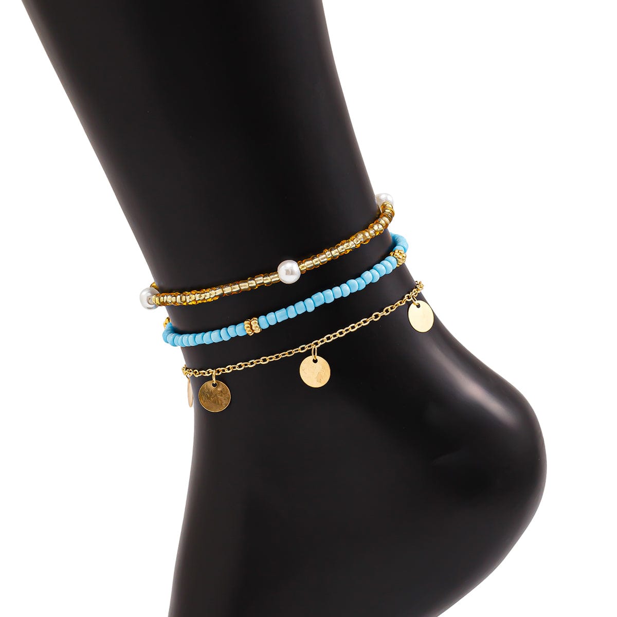 Boho 3Pcs Pearl Seed Beaded Sequin Tassel Anklet Set - ArtGalleryZen