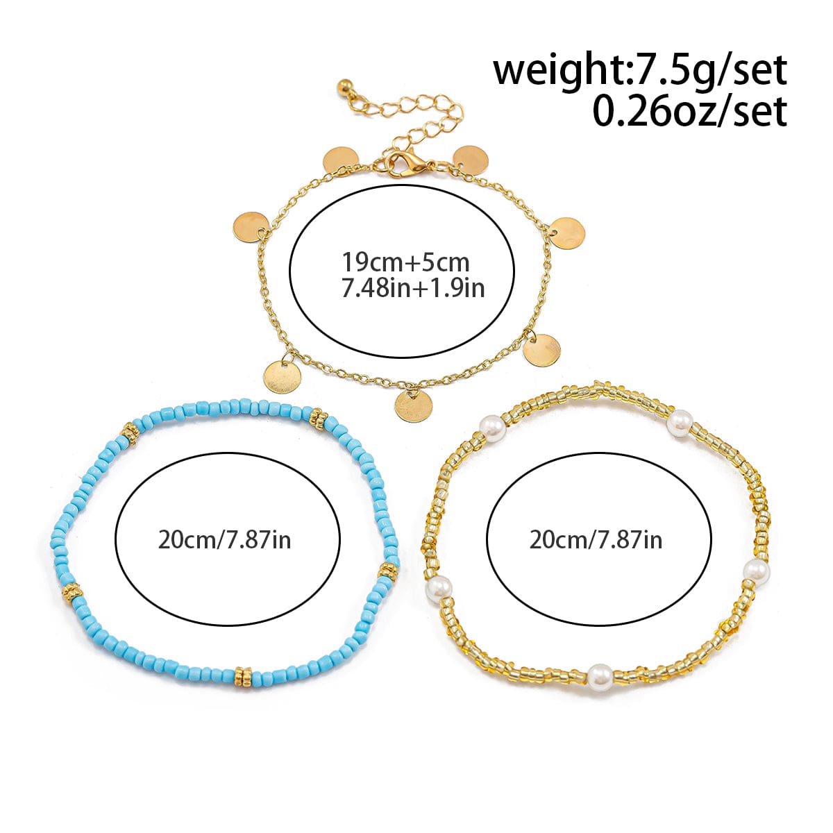 Boho 3Pcs Pearl Seed Beaded Sequin Tassel Anklet Set