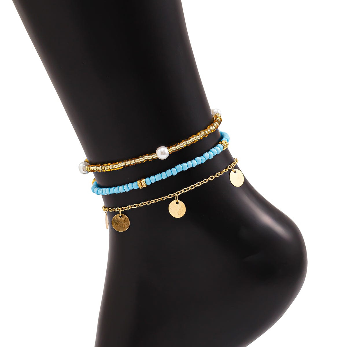 Boho 3Pcs Pearl Seed Beaded Sequin Tassel Anklet Set