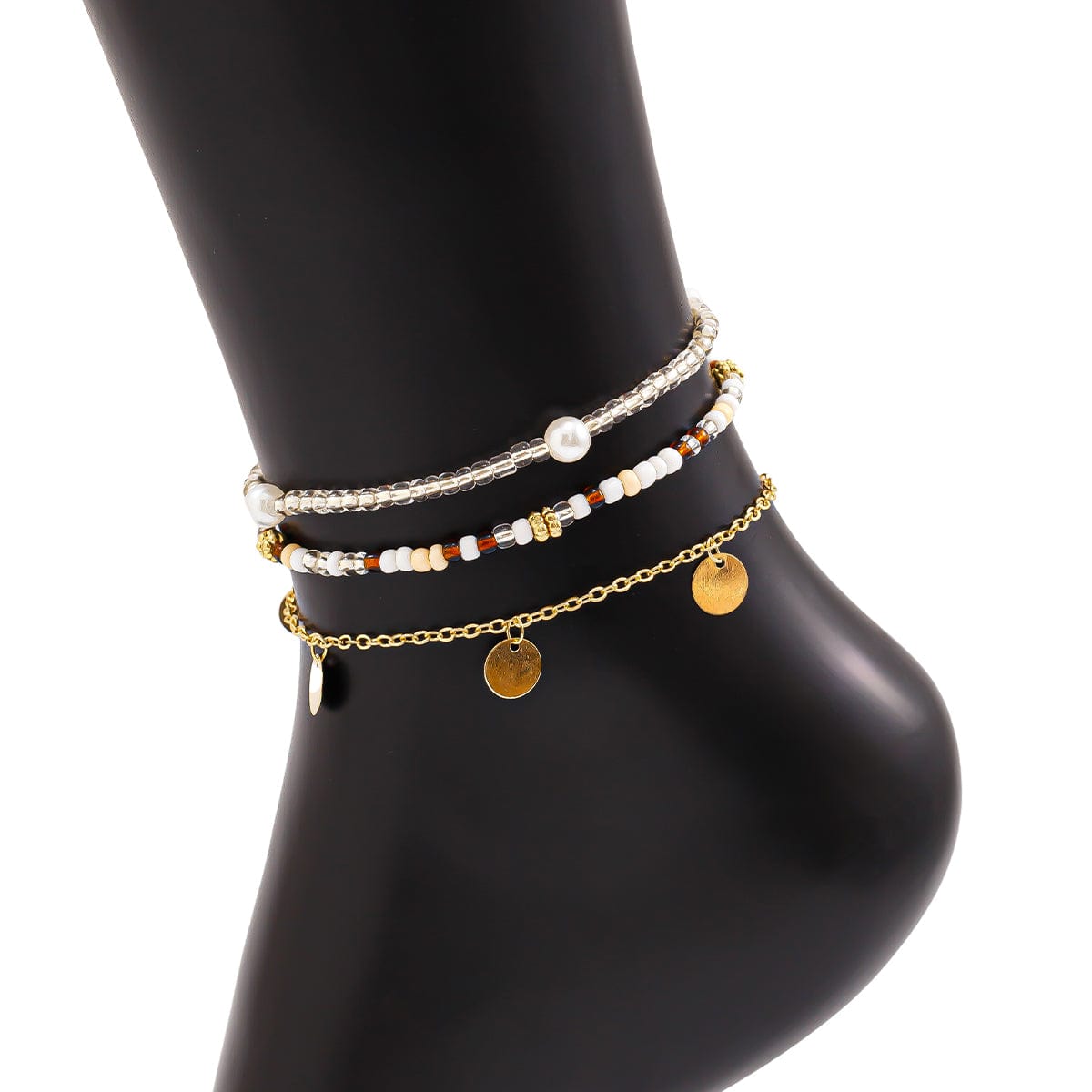 Boho 3Pcs Pearl Seed Beaded Sequin Tassel Anklet Set