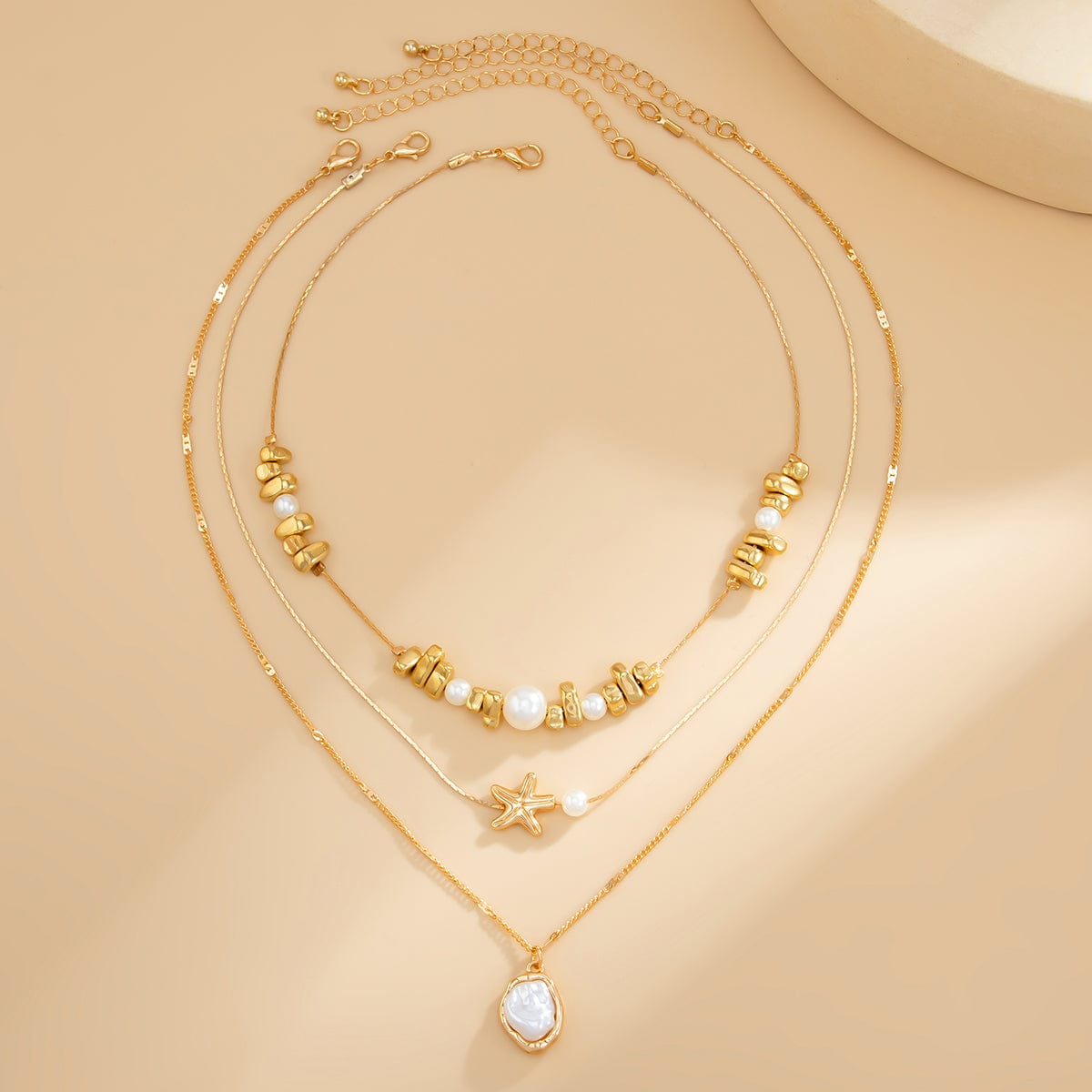 Boho 3pcs Pearl Starfish Pendant Irregular Beaded Necklace Set - ArtGalleryZen