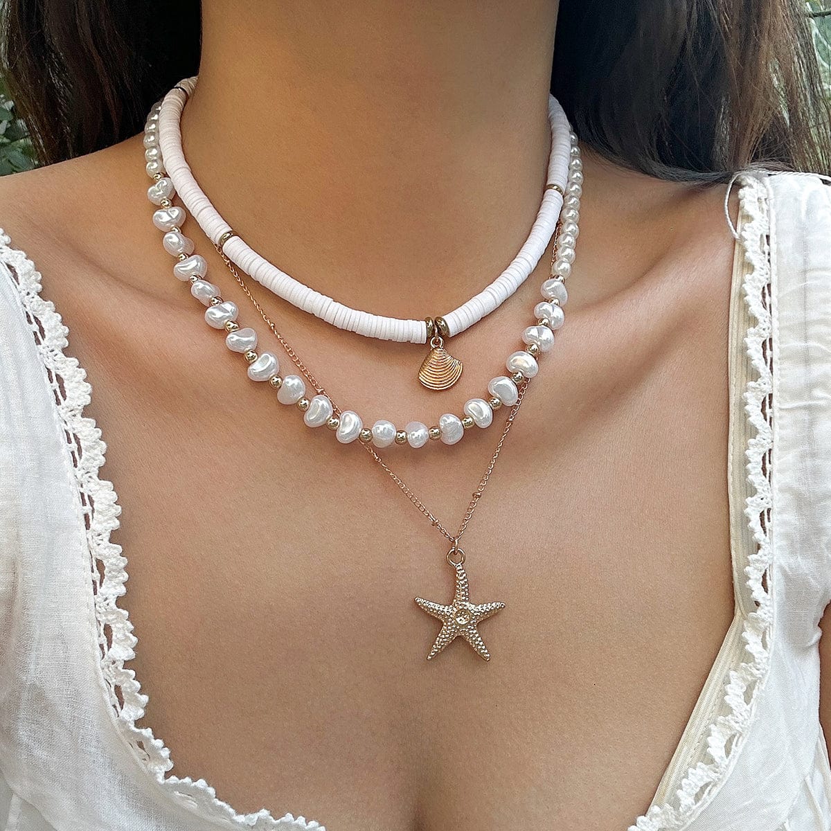 Boho 3Pcs Shell Starfish Pendant Pearl Polymer Clay Chain Necklace Set