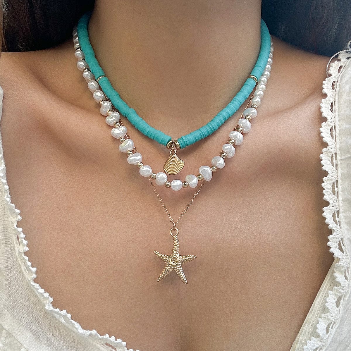 Boho 3Pcs Shell Starfish Pendant Pearl Polymer Clay Chain Necklace Set