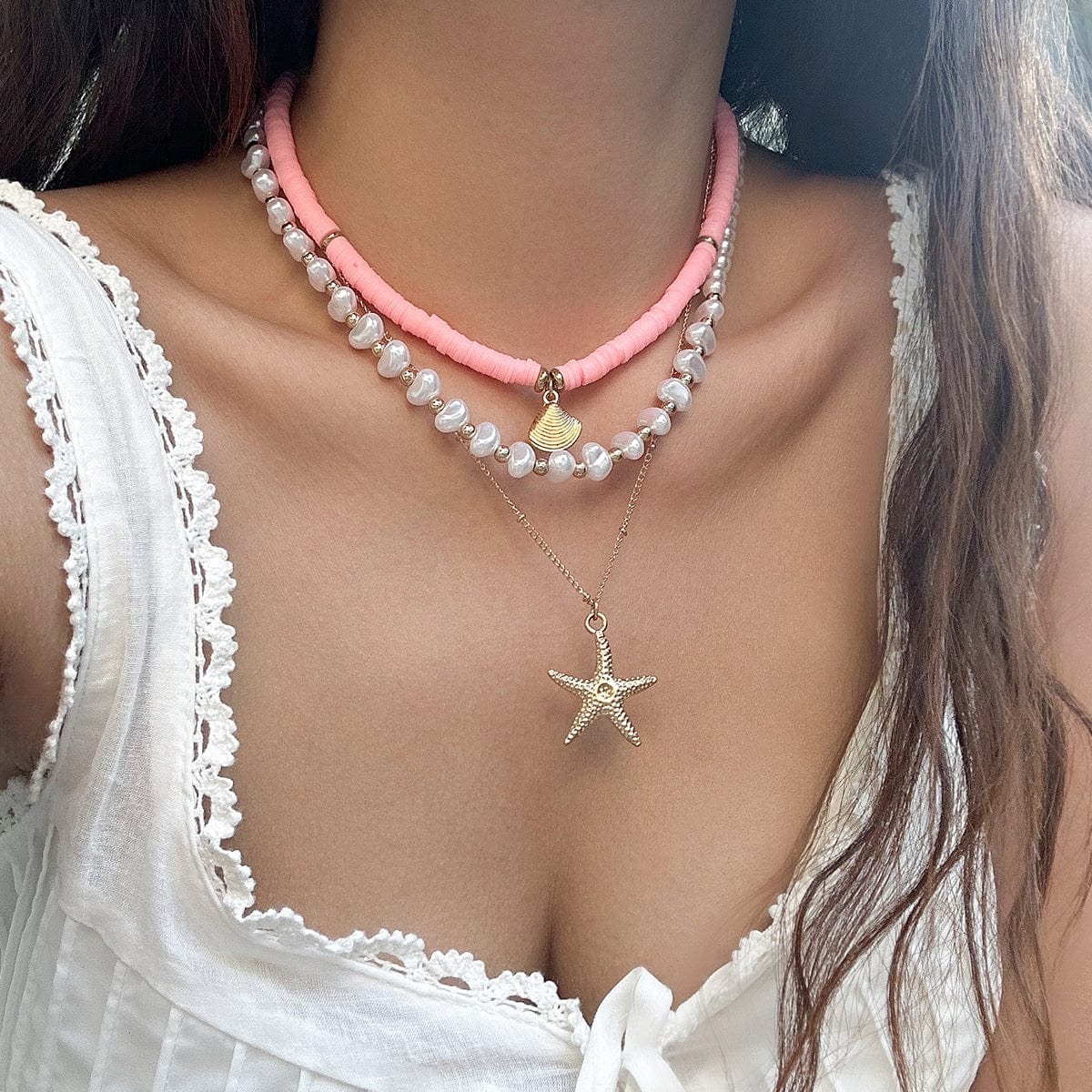 Boho 3Pcs Shell Starfish Pendant Pearl Polymer Clay Chain Necklace Set