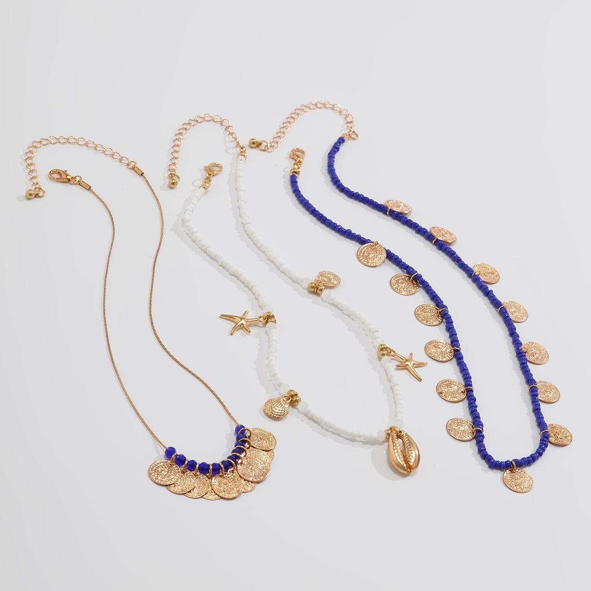 Boho 3Pcs Shell Starfish Pendant Relief Coin Tassel Seed Bead Necklace Set - ArtGalleryZen