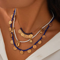 Thumbnail for Boho 3Pcs Shell Starfish Pendant Relief Coin Tassel Seed Bead Necklace Set - ArtGalleryZen