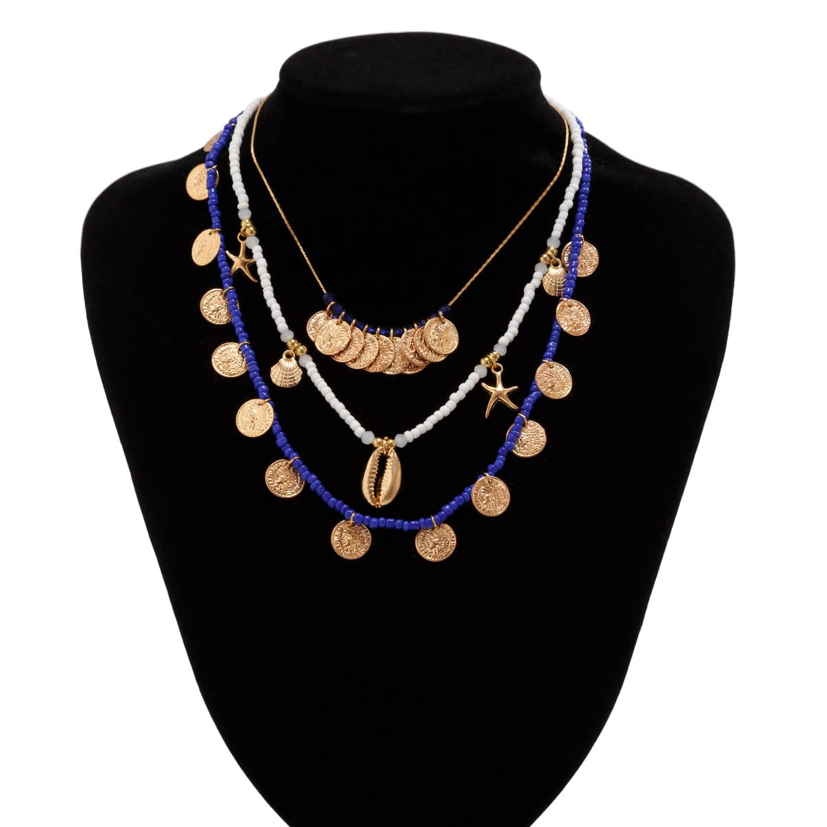 Boho 3Pcs Shell Starfish Pendant Relief Coin Tassel Seed Bead Necklace Set - ArtGalleryZen
