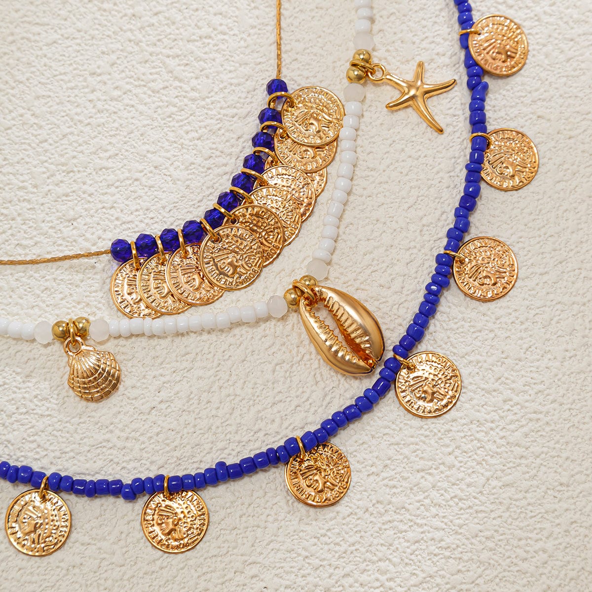 Boho 3Pcs Shell Starfish Pendant Relief Coin Tassel Seed Bead Necklace Set - ArtGalleryZen