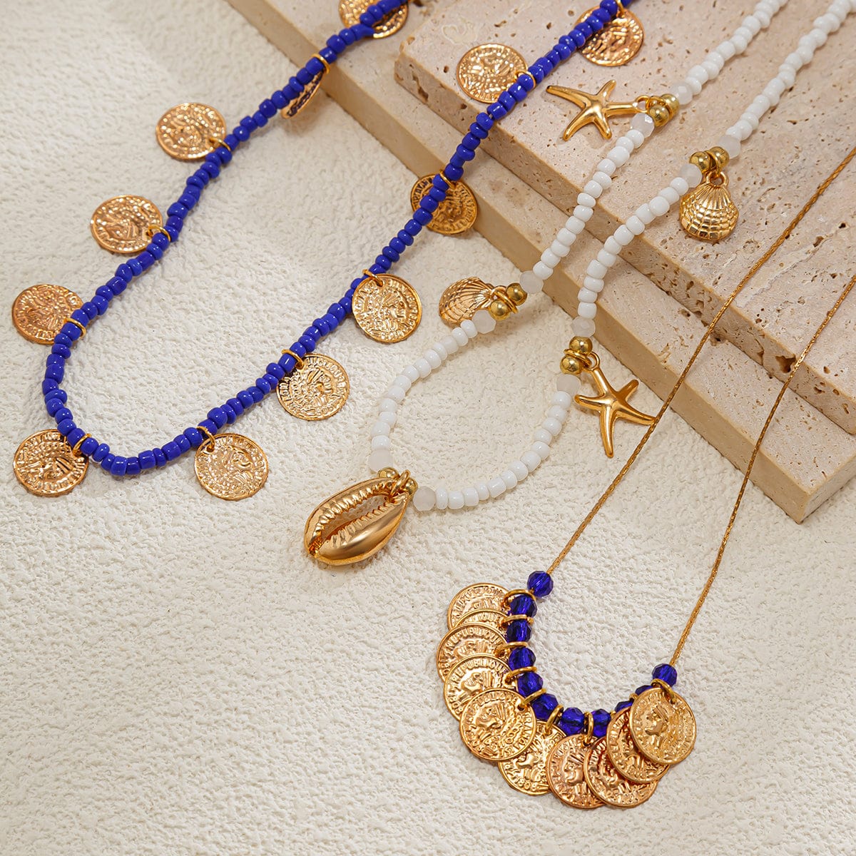 Boho 3Pcs Shell Starfish Pendant Relief Coin Tassel Seed Bead Necklace Set - ArtGalleryZen