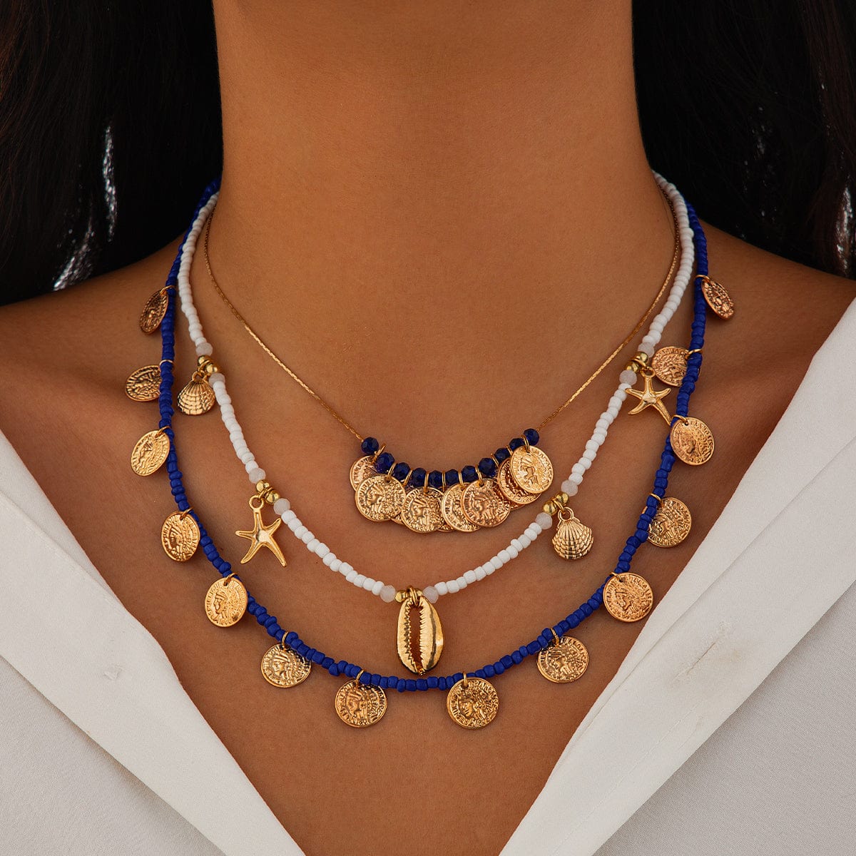 Boho 3Pcs Shell Starfish Pendant Relief Coin Tassel Seed Bead Necklace Set - ArtGalleryZen