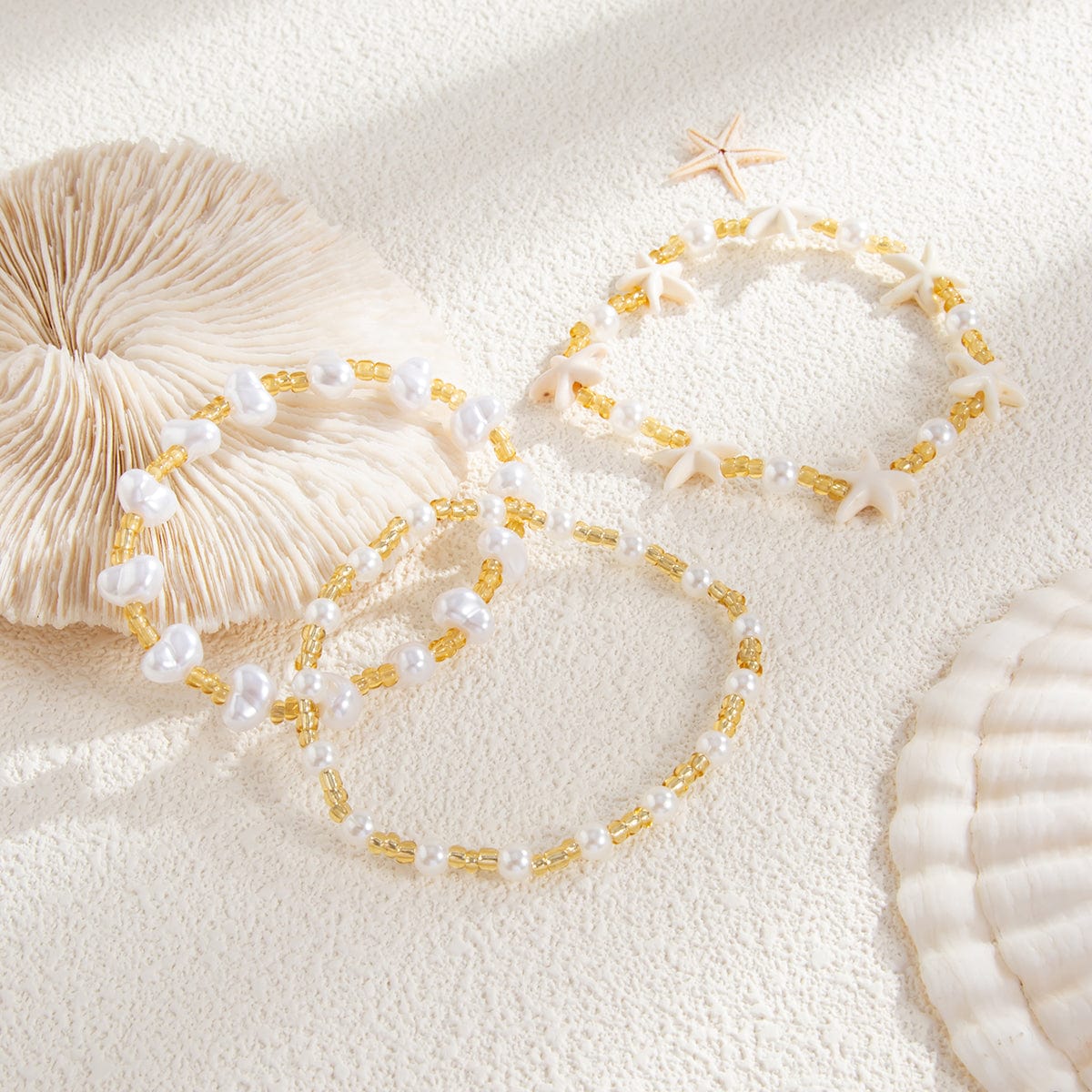 Boho 3pcs Starfish Pearl Seed Beaded Bracelet Set - ArtGalleryZen