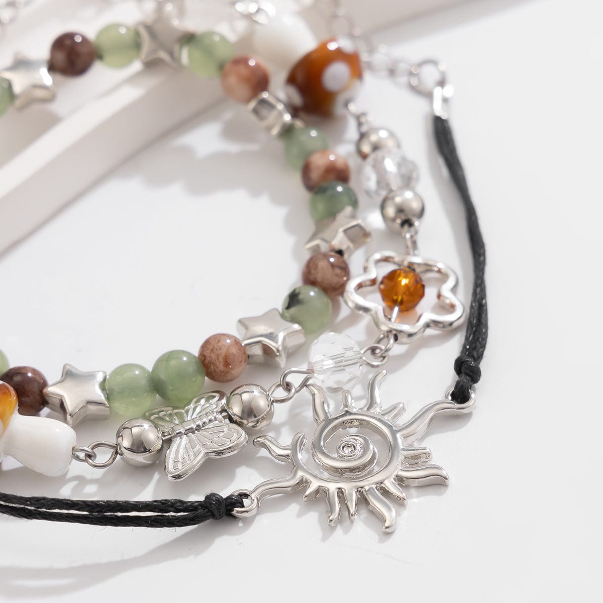 Boho 3Pcs Sun Butterfly Mushroom Charm Crystal Star Chain Bracelet Set - ArtGalleryZen