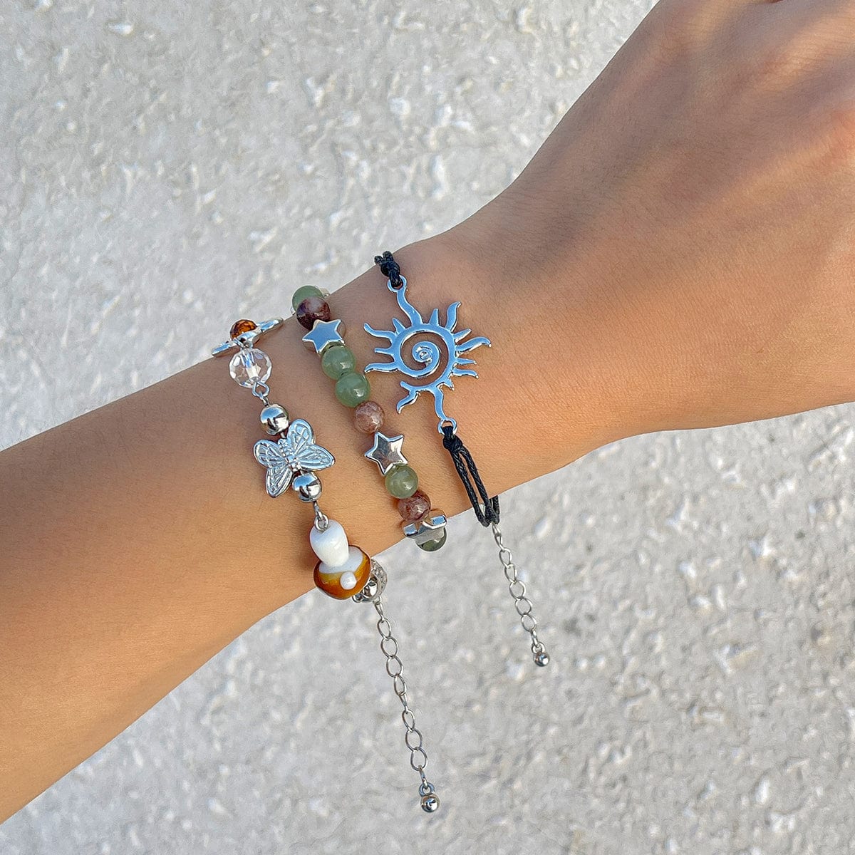 Boho 3Pcs Sun Butterfly Mushroom Charm Crystal Star Chain Bracelet Set