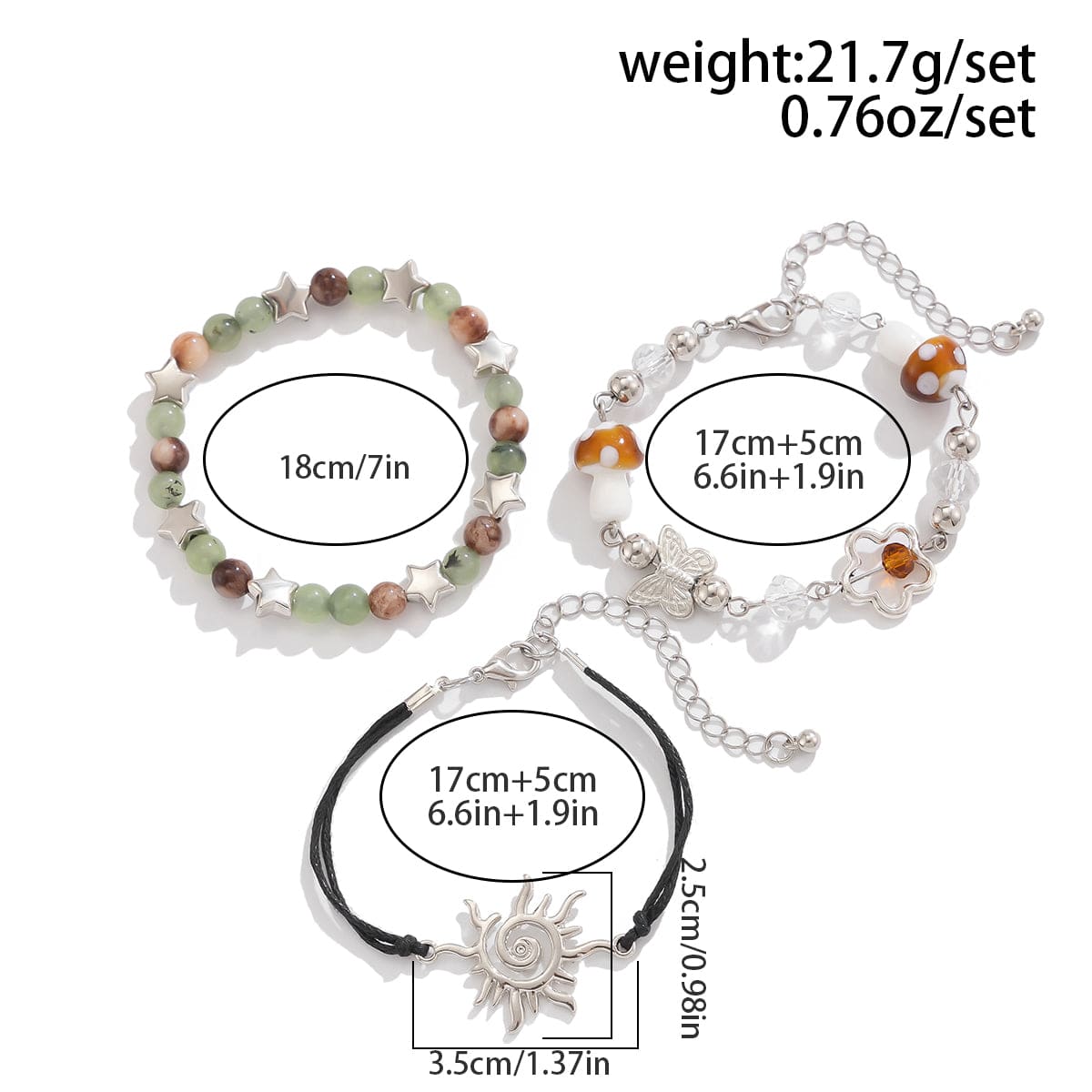 Boho 3Pcs Sun Butterfly Mushroom Charm Crystal Star Chain Bracelet Set