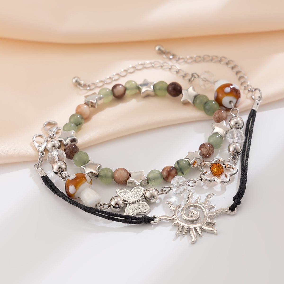 Boho 3Pcs Sun Butterfly Mushroom Charm Crystal Star Chain Bracelet Set