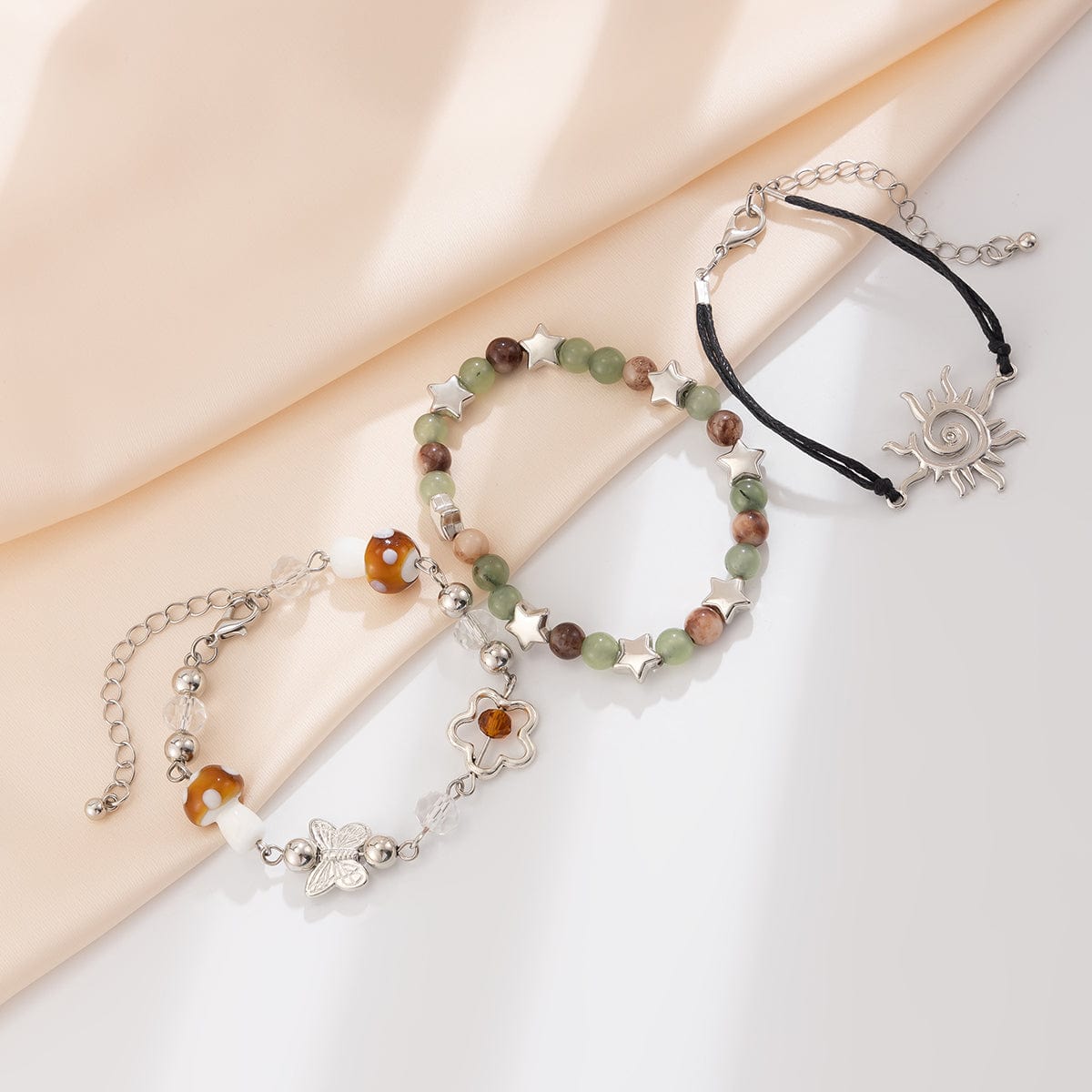 Boho 3Pcs Sun Butterfly Mushroom Charm Crystal Star Chain Bracelet Set