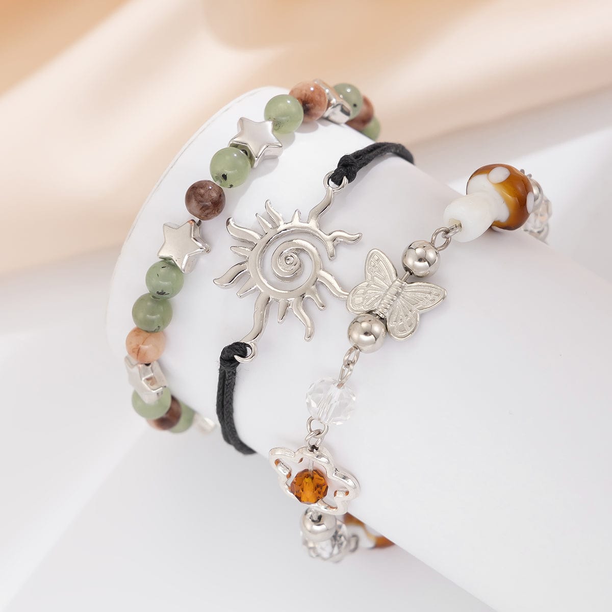 Boho 3Pcs Sun Butterfly Mushroom Charm Crystal Star Chain Bracelet Set