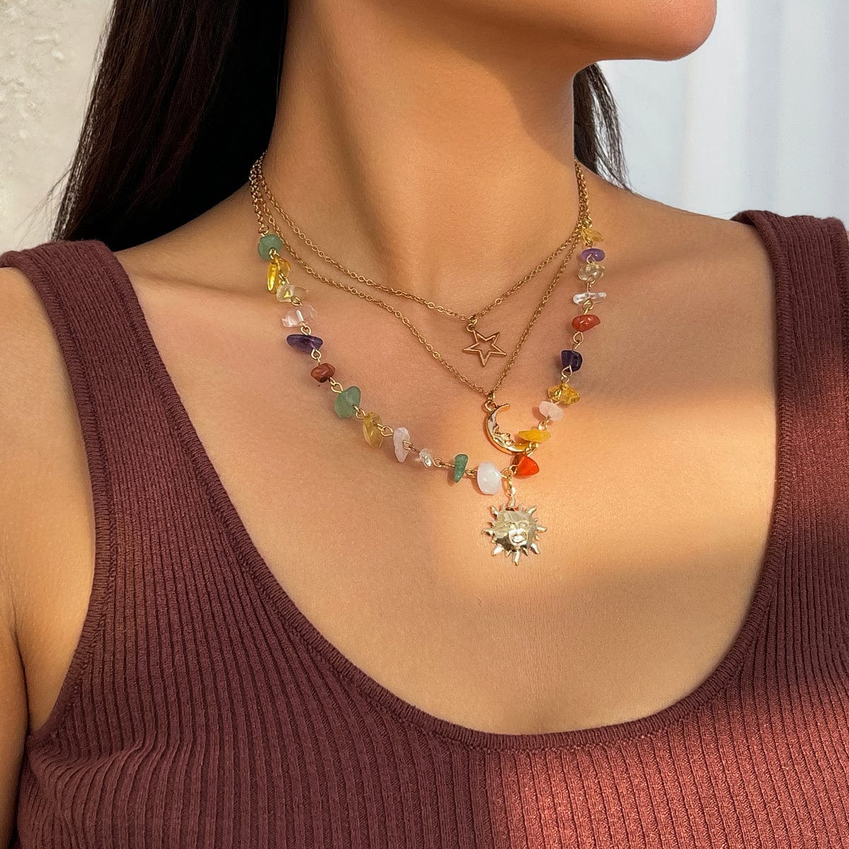 Boho 3Pcs Sun Moon Star Pendant Colorful Turquoise Stone Necklace Set - ArtGalleryZen