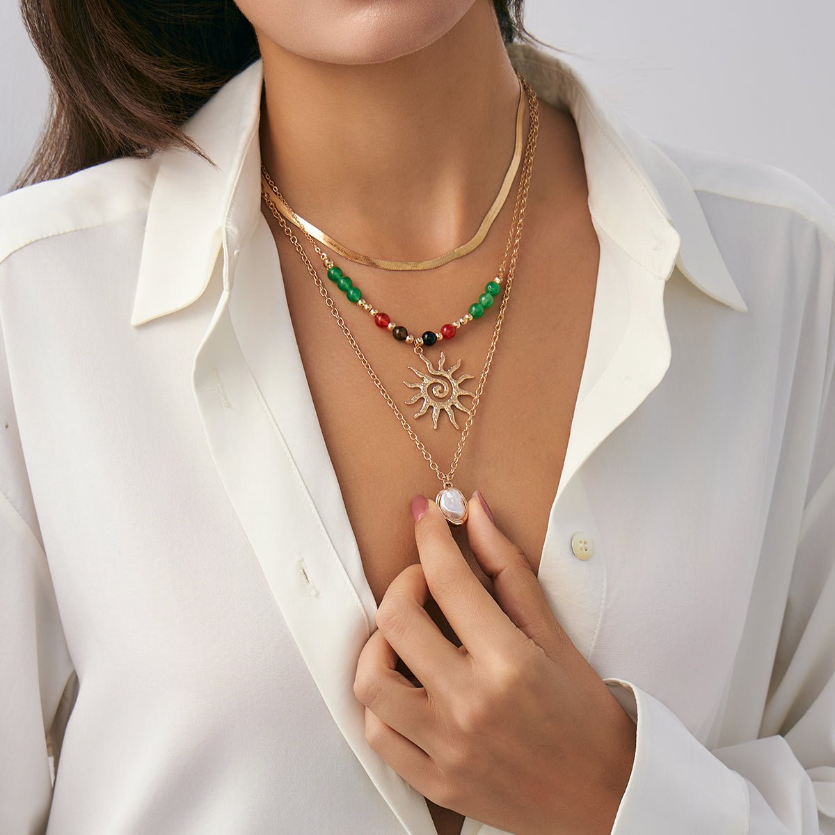 Boho 3pcs Sun Pearl Pendant Agate Bead Necklace Set - ArtGalleryZen