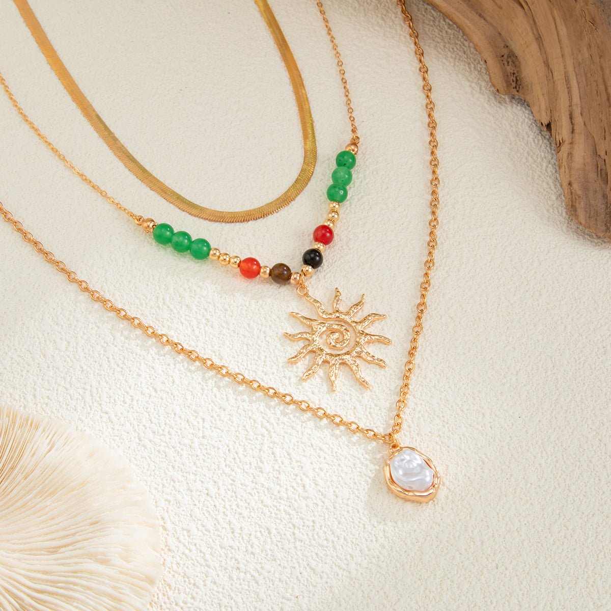 Boho 3pcs Sun Pearl Pendant Agate Bead Necklace Set - ArtGalleryZen