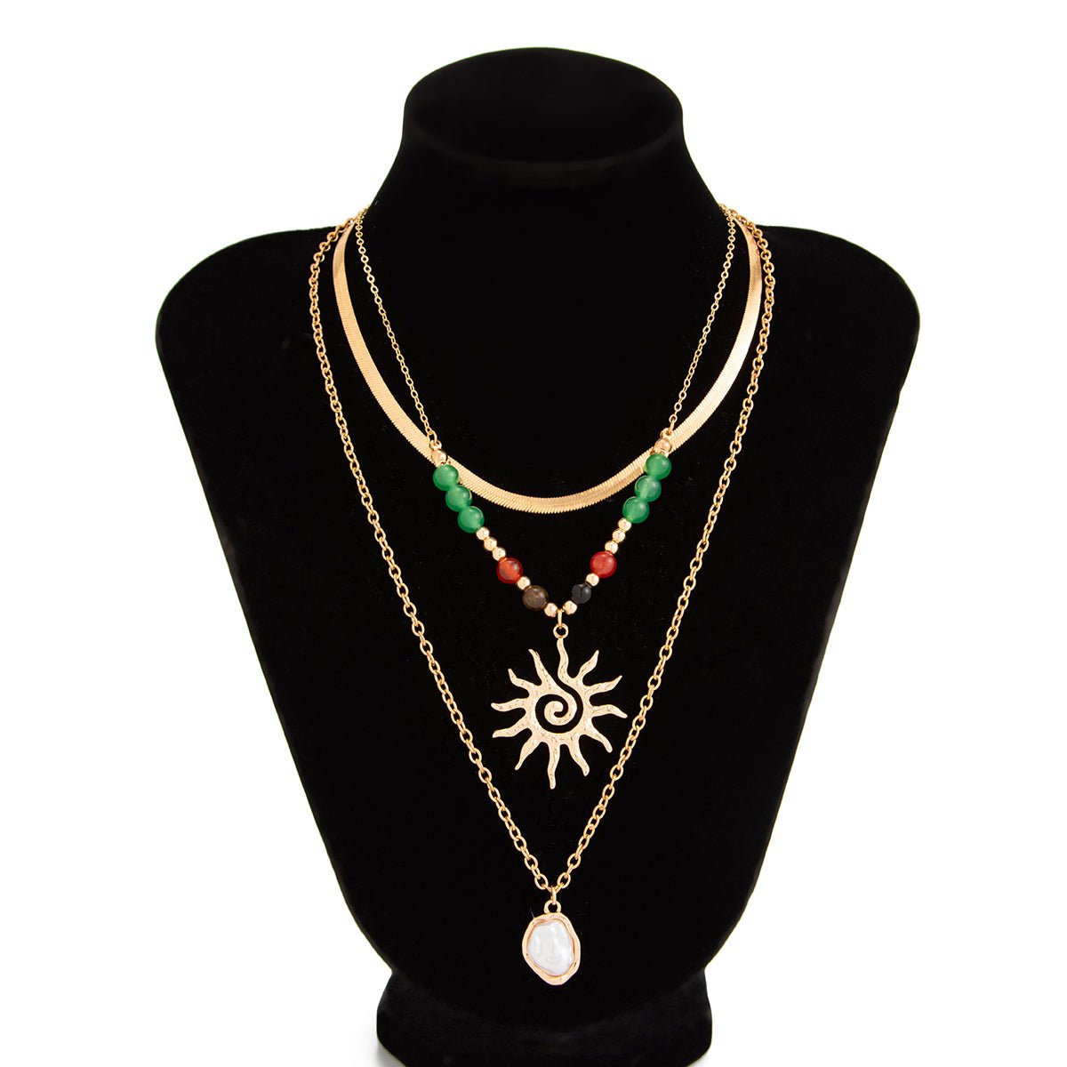 Boho 3pcs Sun Pearl Pendant Agate Bead Necklace Set - ArtGalleryZen
