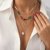 Thumbnail for Boho 3pcs Sun Pearl Pendant Agate Bead Necklace Set - ArtGalleryZen