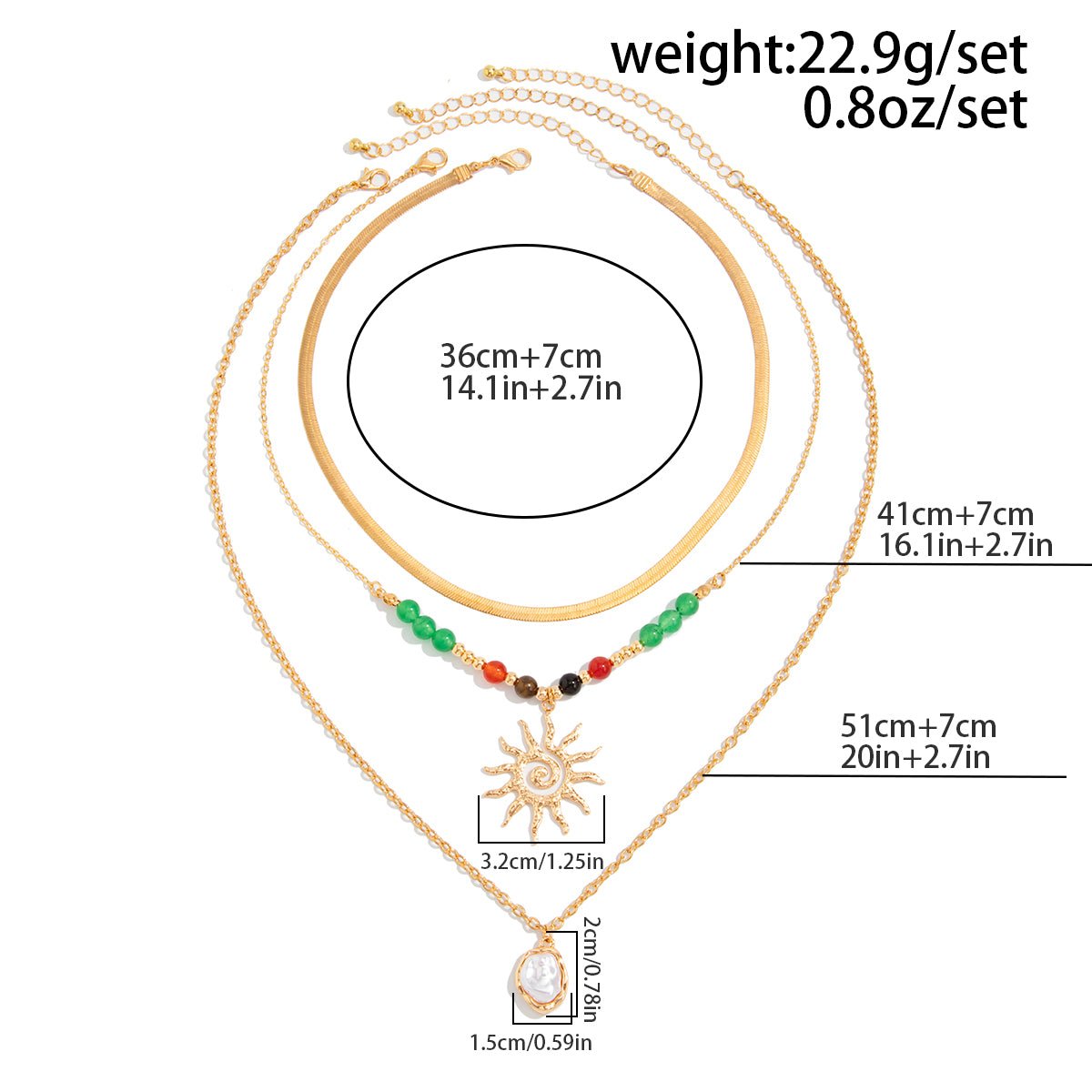Boho 3pcs Sun Pearl Pendant Agate Bead Necklace Set - ArtGalleryZen