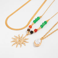 Thumbnail for Boho 3pcs Sun Pearl Pendant Agate Bead Necklace Set - ArtGalleryZen