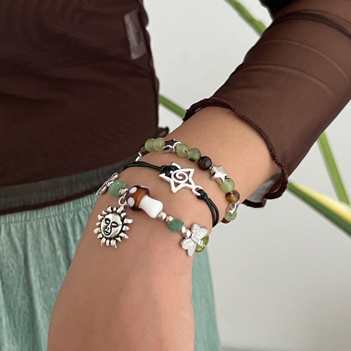 Boho 3pcs Sun Star Butterfly Charm Turquoise Stone Glass Beaded Bracelet Set - ArtGalleryZen