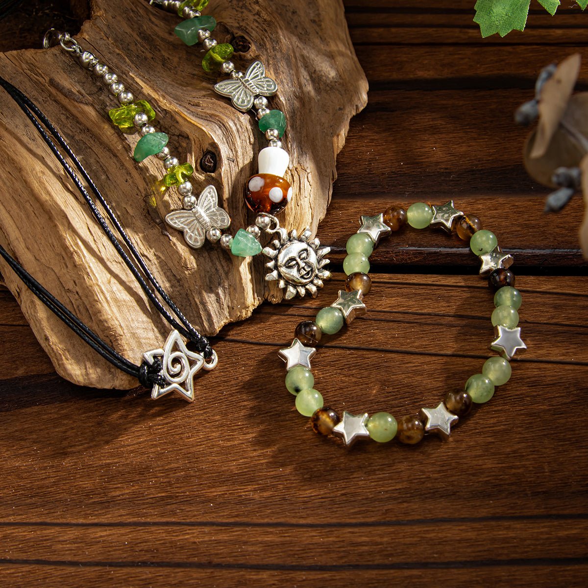 Boho 3pcs Sun Star Butterfly Charm Turquoise Stone Glass Beaded Bracelet Set - ArtGalleryZen