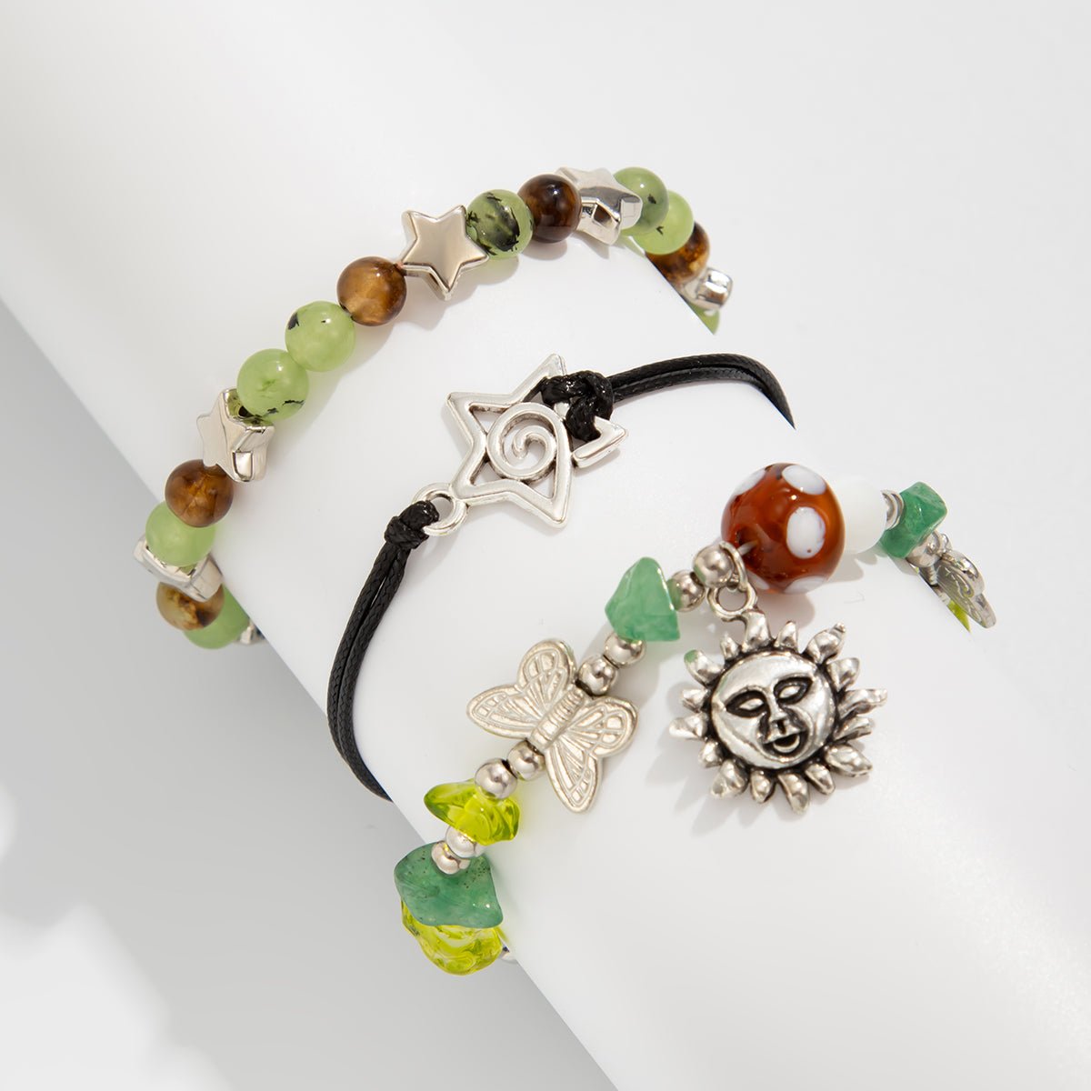 Boho 3pcs Sun Star Butterfly Charm Turquoise Stone Glass Beaded Bracelet Set - ArtGalleryZen