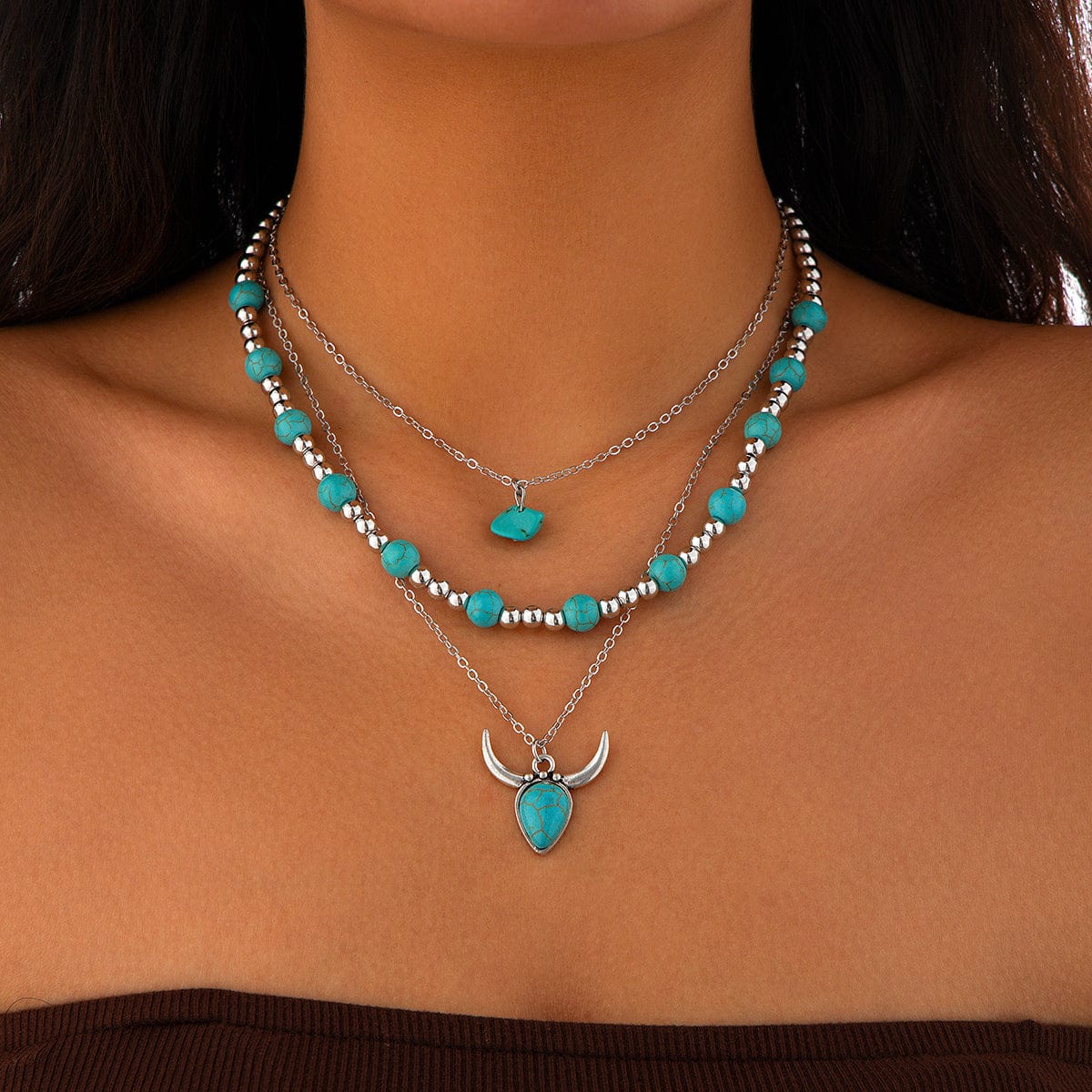 Boho 3pcs Turquoise Bull Pendant Ball Chain Necklace Set