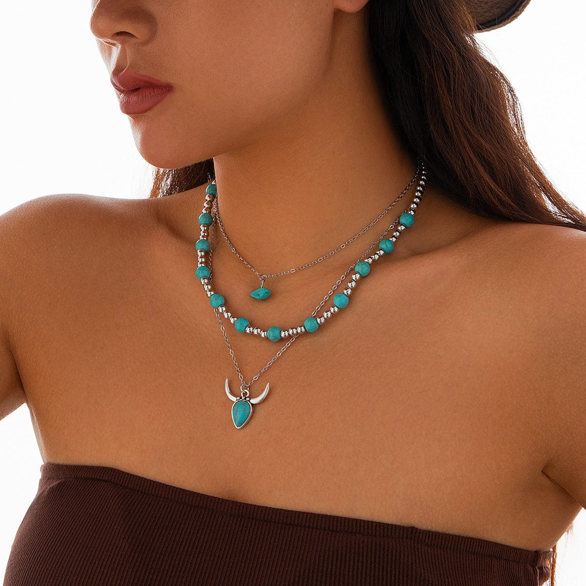 Boho 3pcs Turquoise Bull Pendant Ball Chain Necklace Set