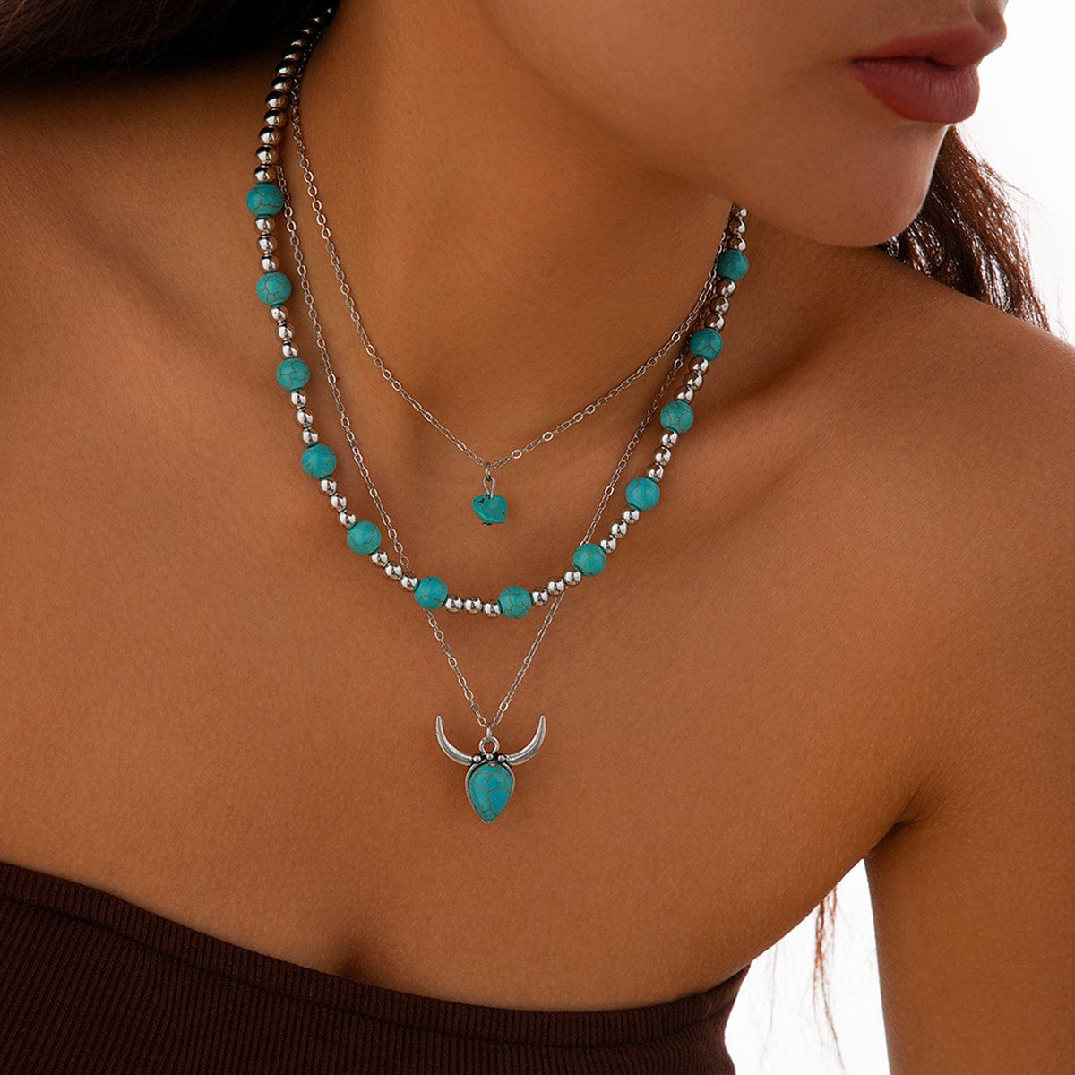 Boho 3pcs Turquoise Bull Pendant Ball Chain Necklace Set