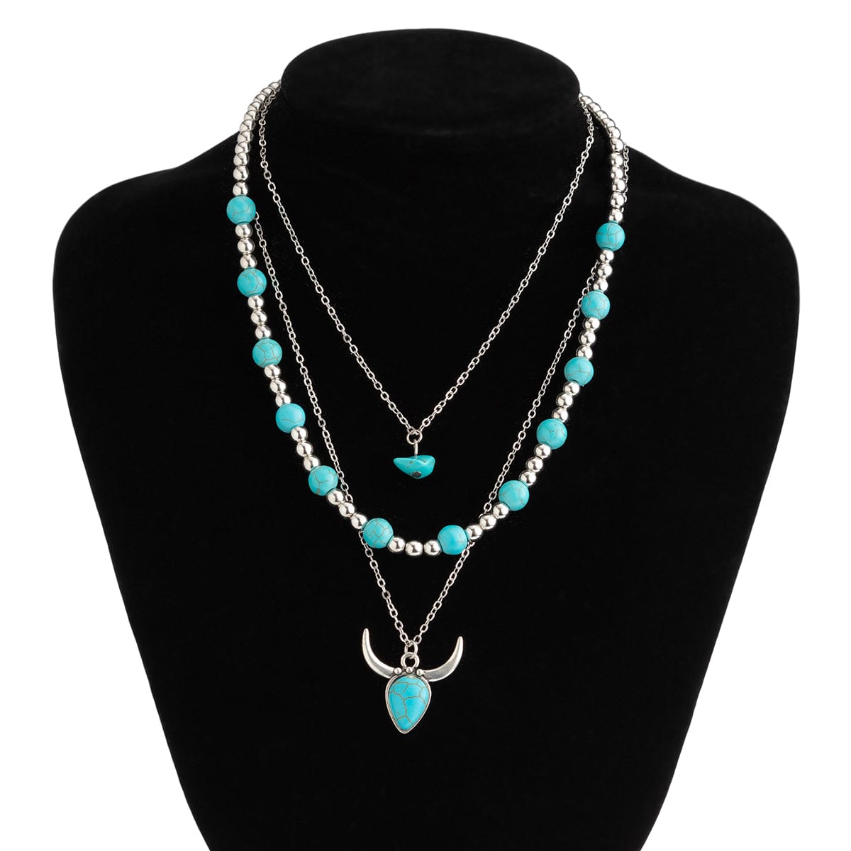 Boho 3pcs Turquoise Bull Pendant Ball Chain Necklace Set