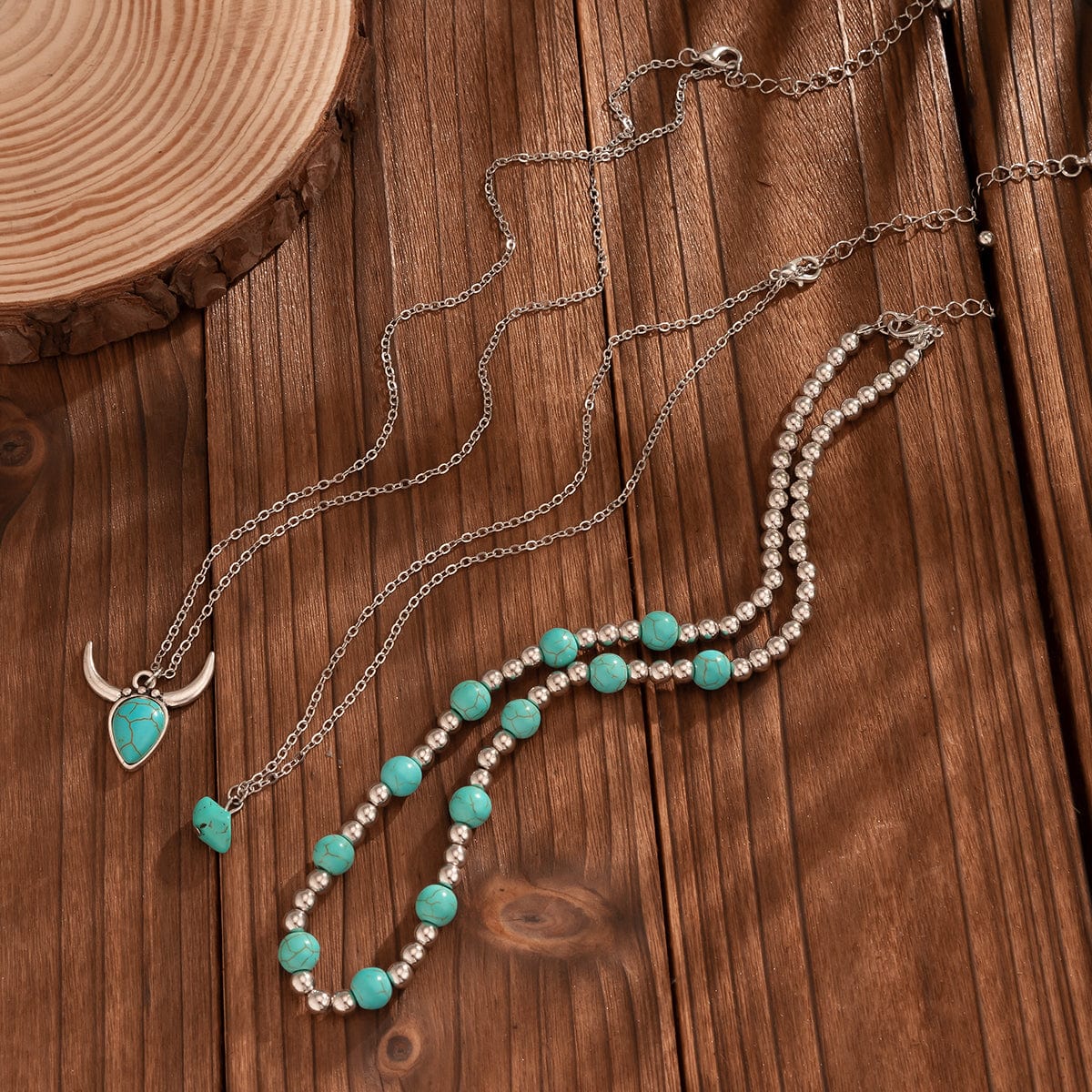 Boho 3pcs Turquoise Bull Pendant Ball Chain Necklace Set