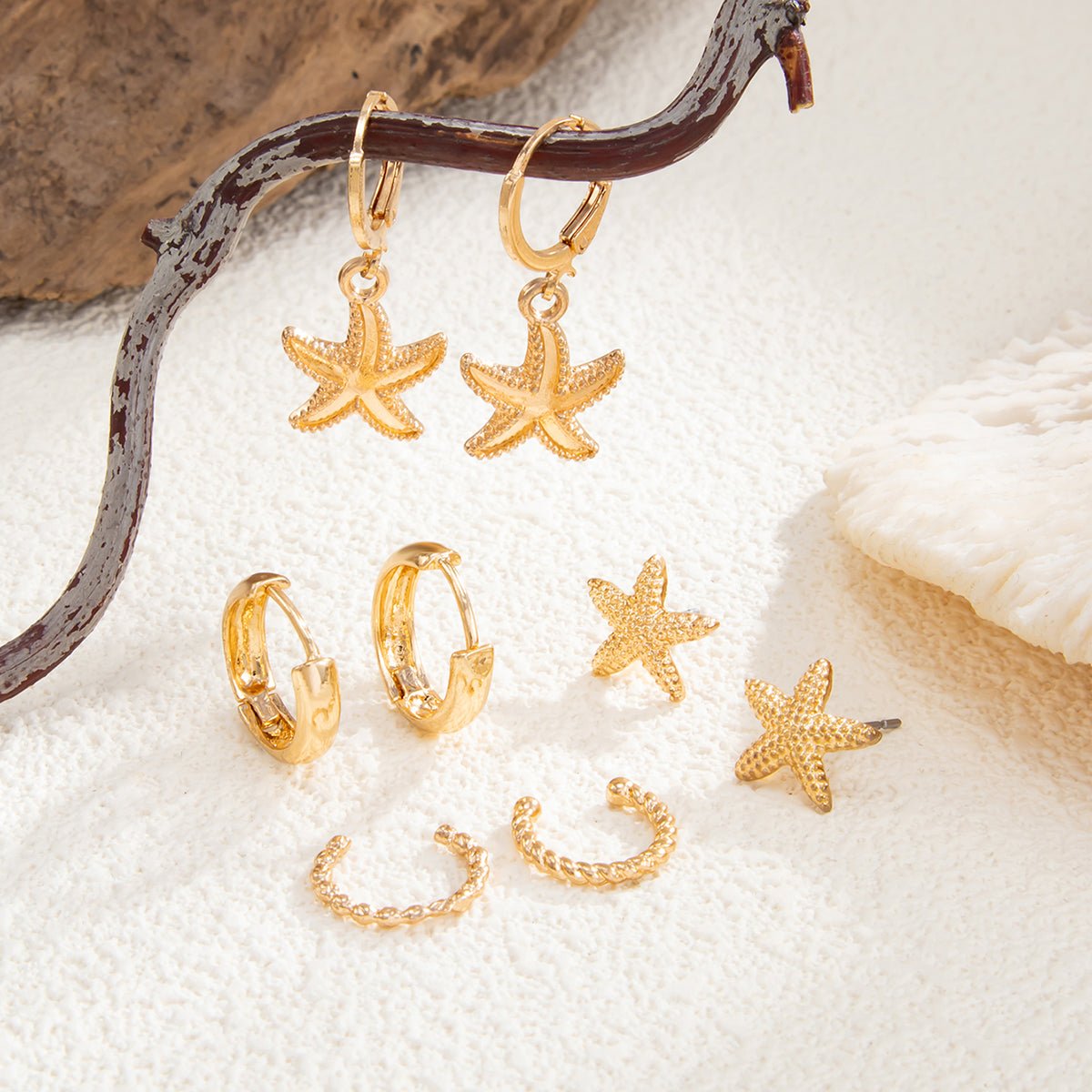 Boho 4 Pairs Starfish Huggie Hoop Ear Cuff Earrings Set - ArtGalleryZen