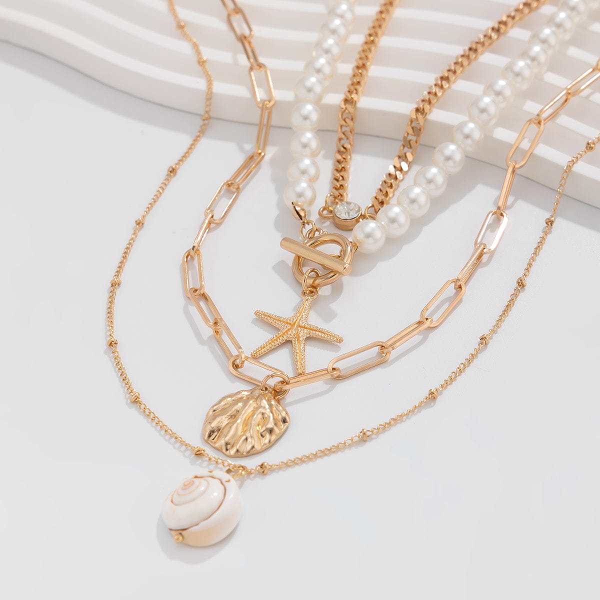 Boho 4Pcs Crystal Inlaid Starfish Conch Pendant Pearl Chain Necklace Set - ArtGalleryZen