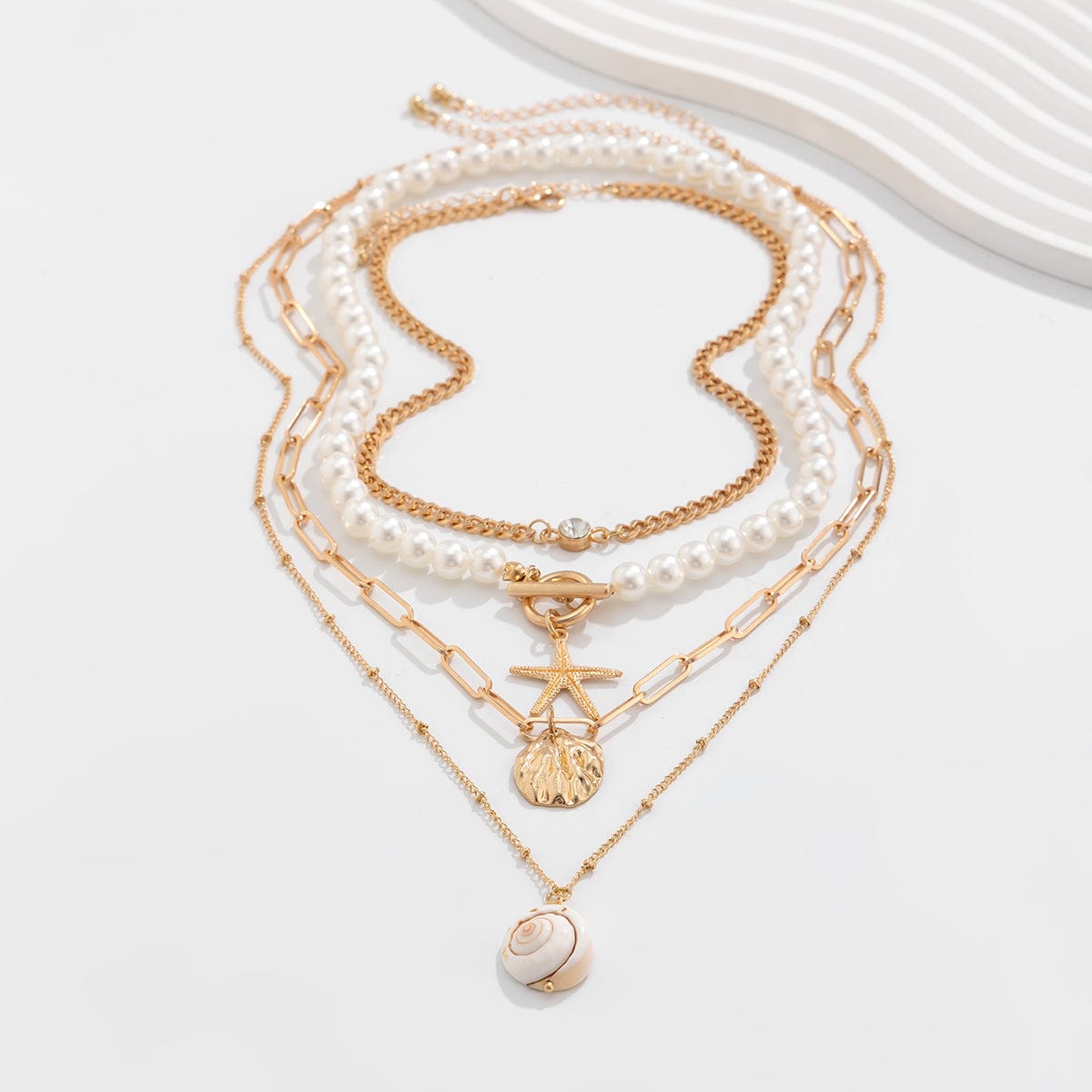 Boho 4Pcs Crystal Inlaid Starfish Conch Pendant Pearl Chain Necklace Set - ArtGalleryZen