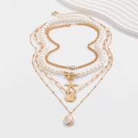 Thumbnail for Boho 4Pcs Crystal Inlaid Starfish Conch Pendant Pearl Chain Necklace Set - ArtGalleryZen