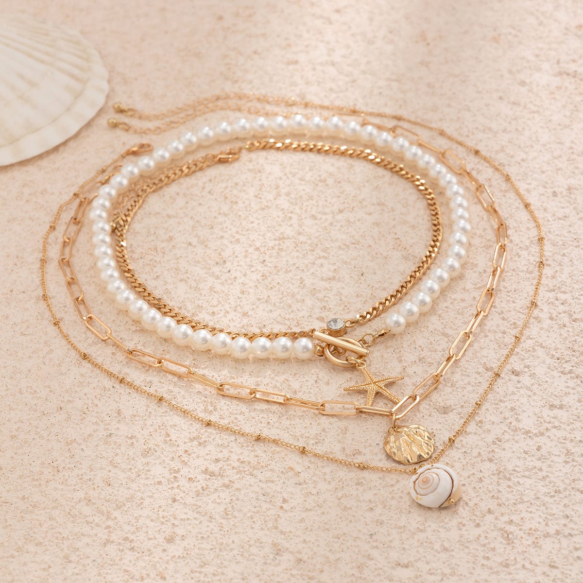 Boho 4Pcs Crystal Inlaid Starfish Conch Pendant Pearl Chain Necklace Set - ArtGalleryZen