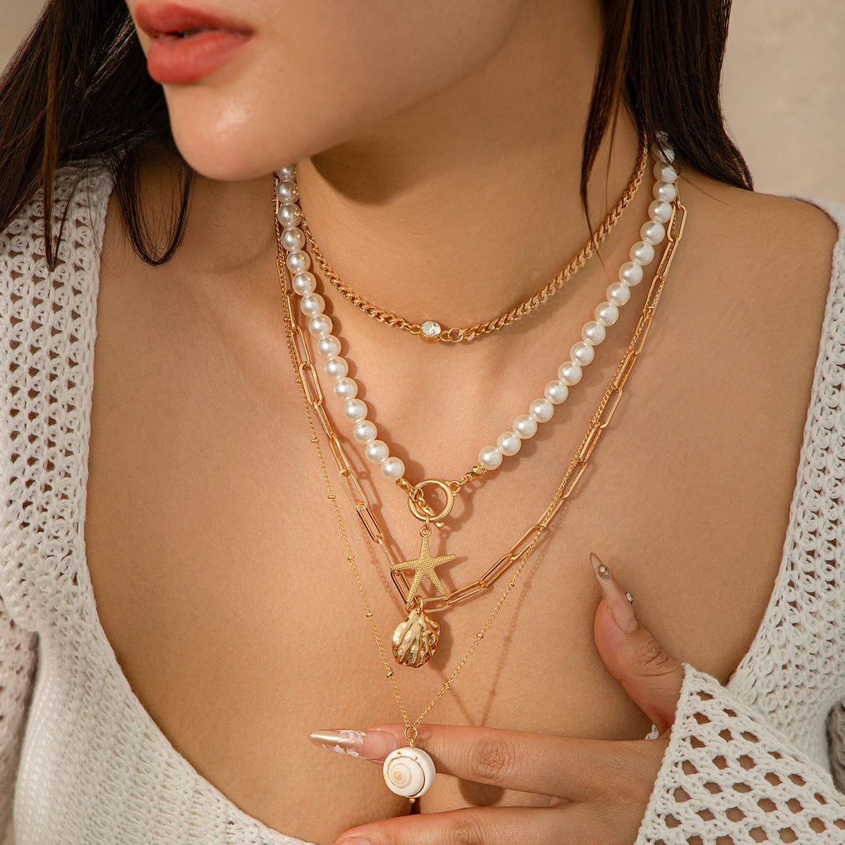 Boho 4Pcs Crystal Inlaid Starfish Conch Pendant Pearl Chain Necklace Set - ArtGalleryZen