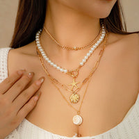 Thumbnail for Boho 4Pcs Crystal Inlaid Starfish Conch Pendant Pearl Chain Necklace Set - ArtGalleryZen
