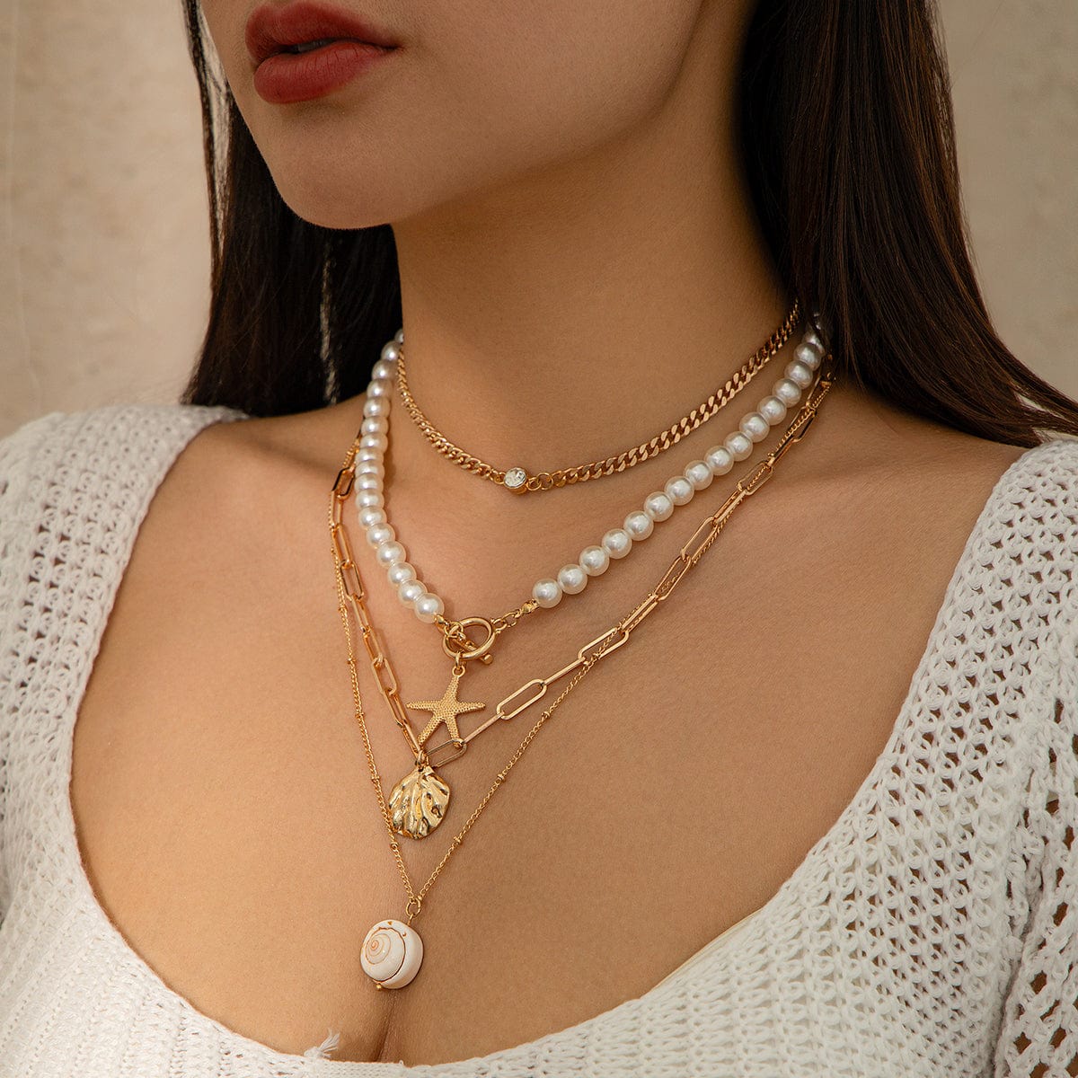 Boho 4Pcs Crystal Inlaid Starfish Conch Pendant Pearl Chain Necklace Set - ArtGalleryZen