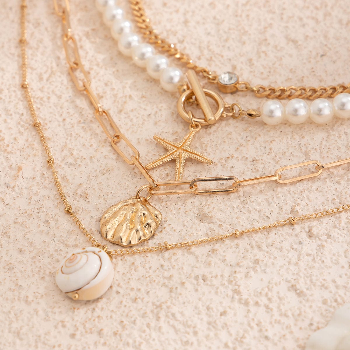 Boho 4Pcs Crystal Inlaid Starfish Conch Pendant Pearl Chain Necklace Set - ArtGalleryZen
