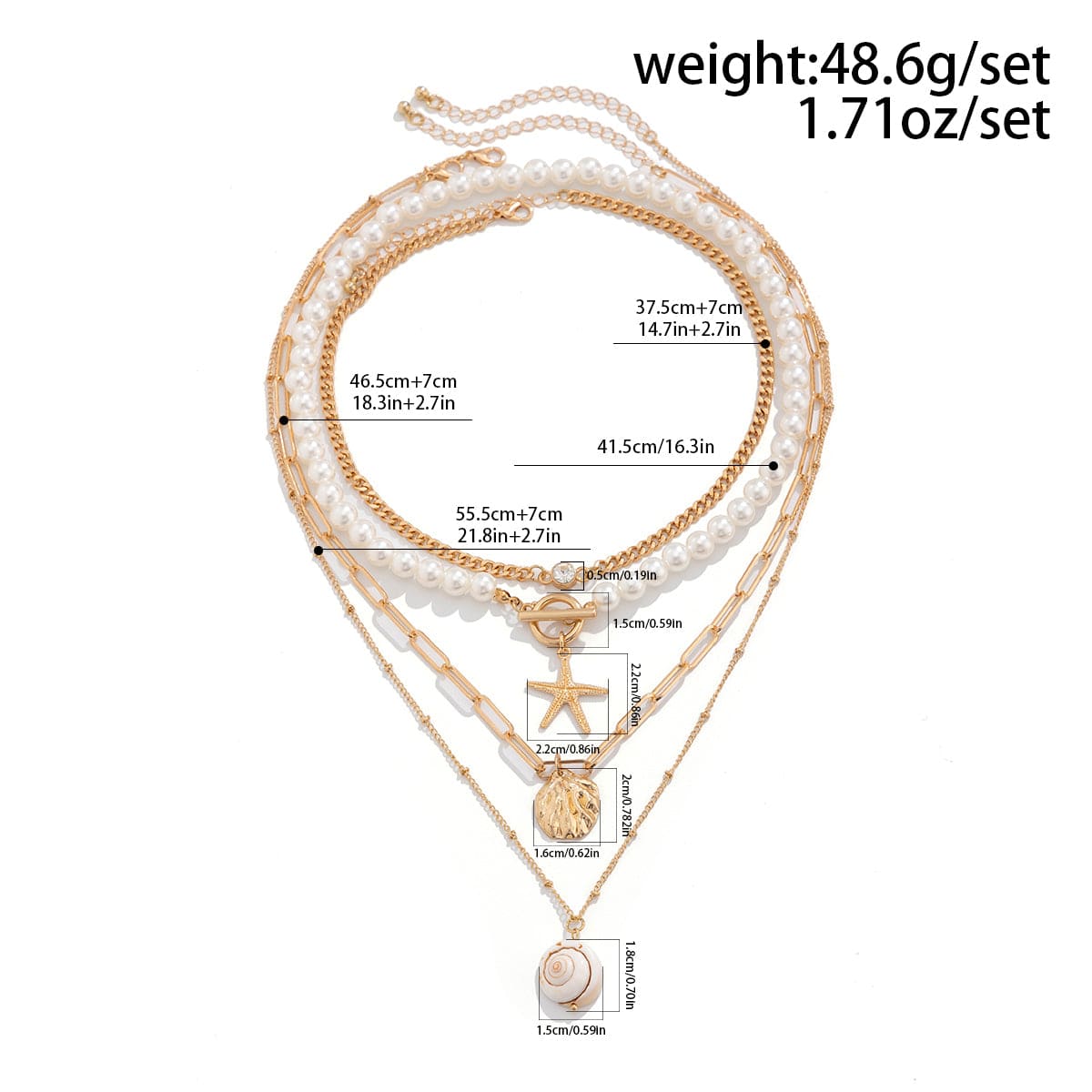 Boho 4Pcs Crystal Inlaid Starfish Conch Pendant Pearl Chain Necklace Set - ArtGalleryZen